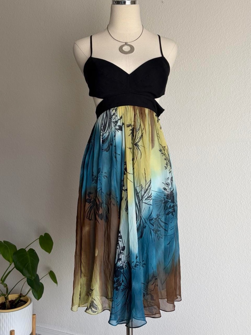 BCBGMaxAzria Black Bodice Multicolor Ombré Floral Midi Dress